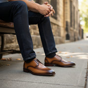 model-siting - Men's Cap-toe Leather Oxfords in Brown