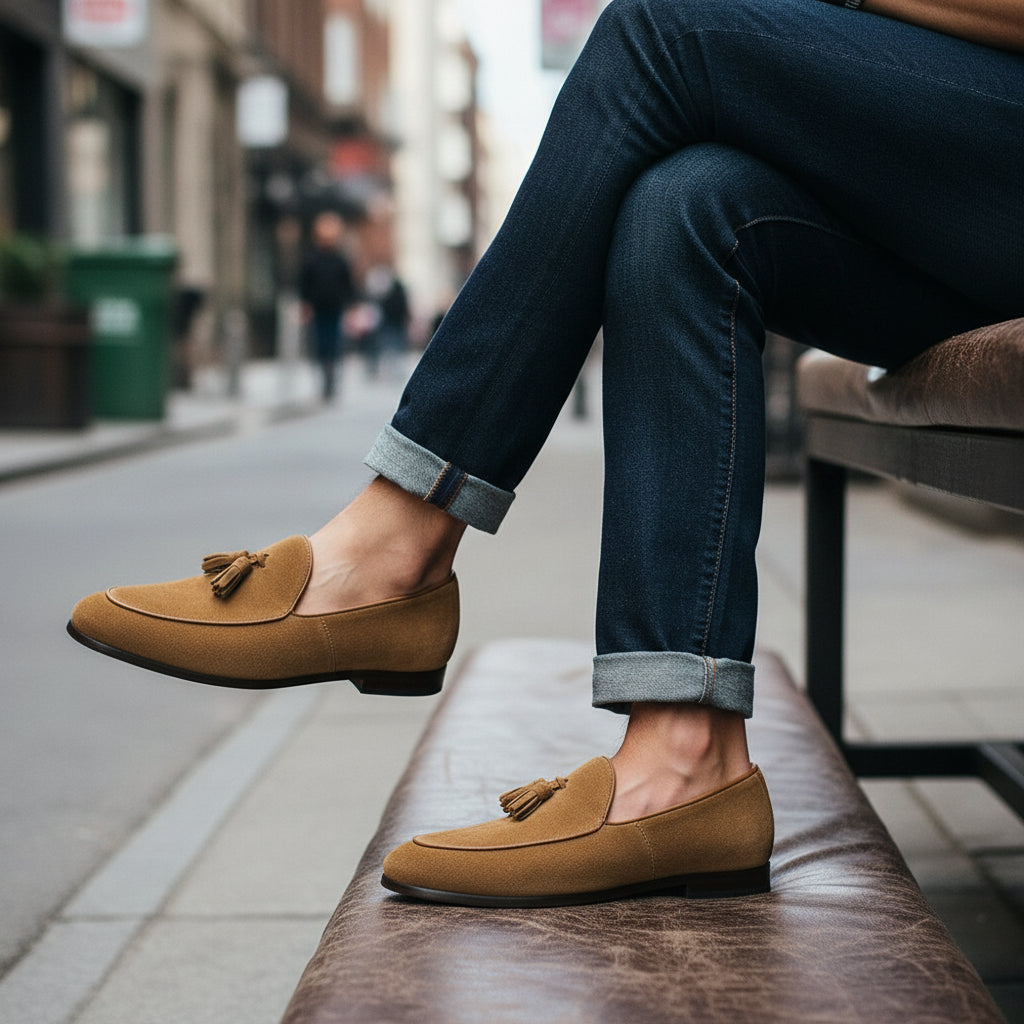 model-siting - Men's Casual Suede Tassel Loafers