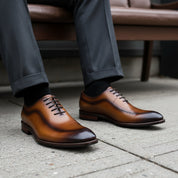 model-siting - Men's Classic Brogue Leather Dress Shoes