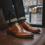 model-siting - Men's Classic Brown Leather Brogue Dress Shoes