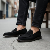 model-siting - Men's Classic Suede Slip-On Loafers