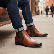 model-siting - Men's Cow Leather Chelsea Boots with Comfort Fit