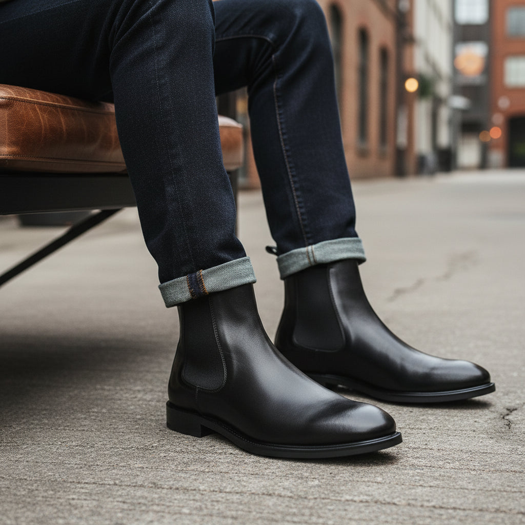 model-siting - Men's Cow Leather Chelsea Dress Boots