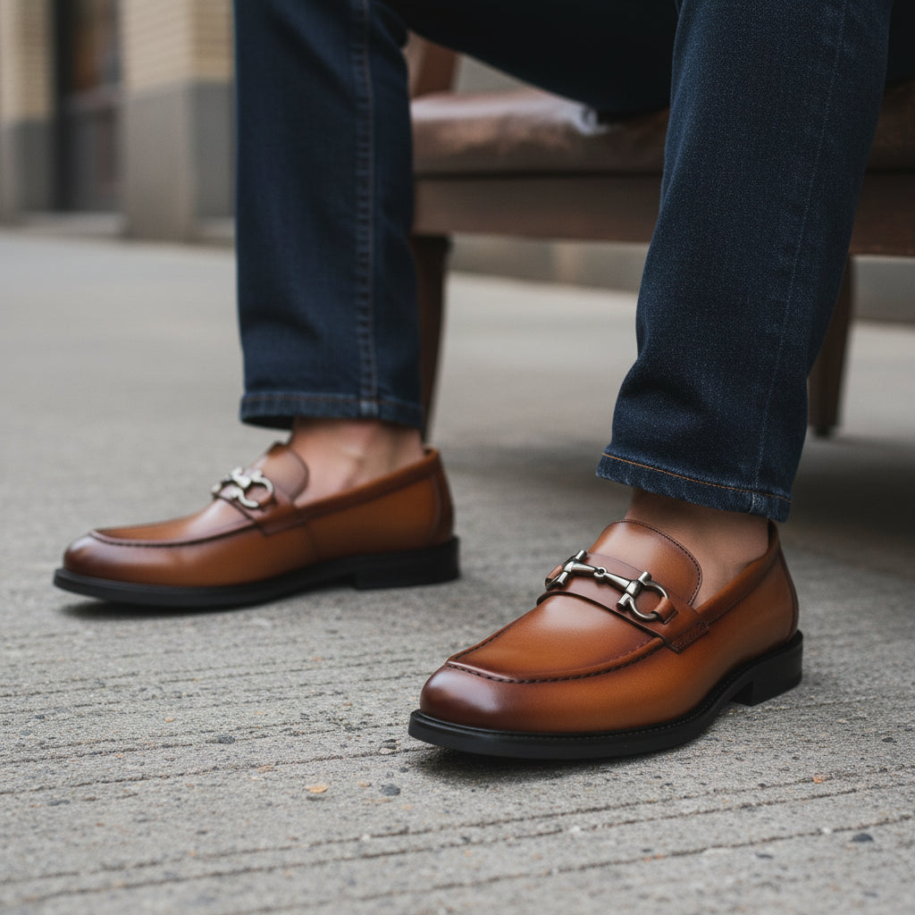 model-siting - Men's Cow Leather Classic Loafers