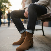 model-siting - Men's Cow Leather High Ankle Boots in Western Design