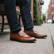 model-siting - Men's Cow Leather Loafer Shoes