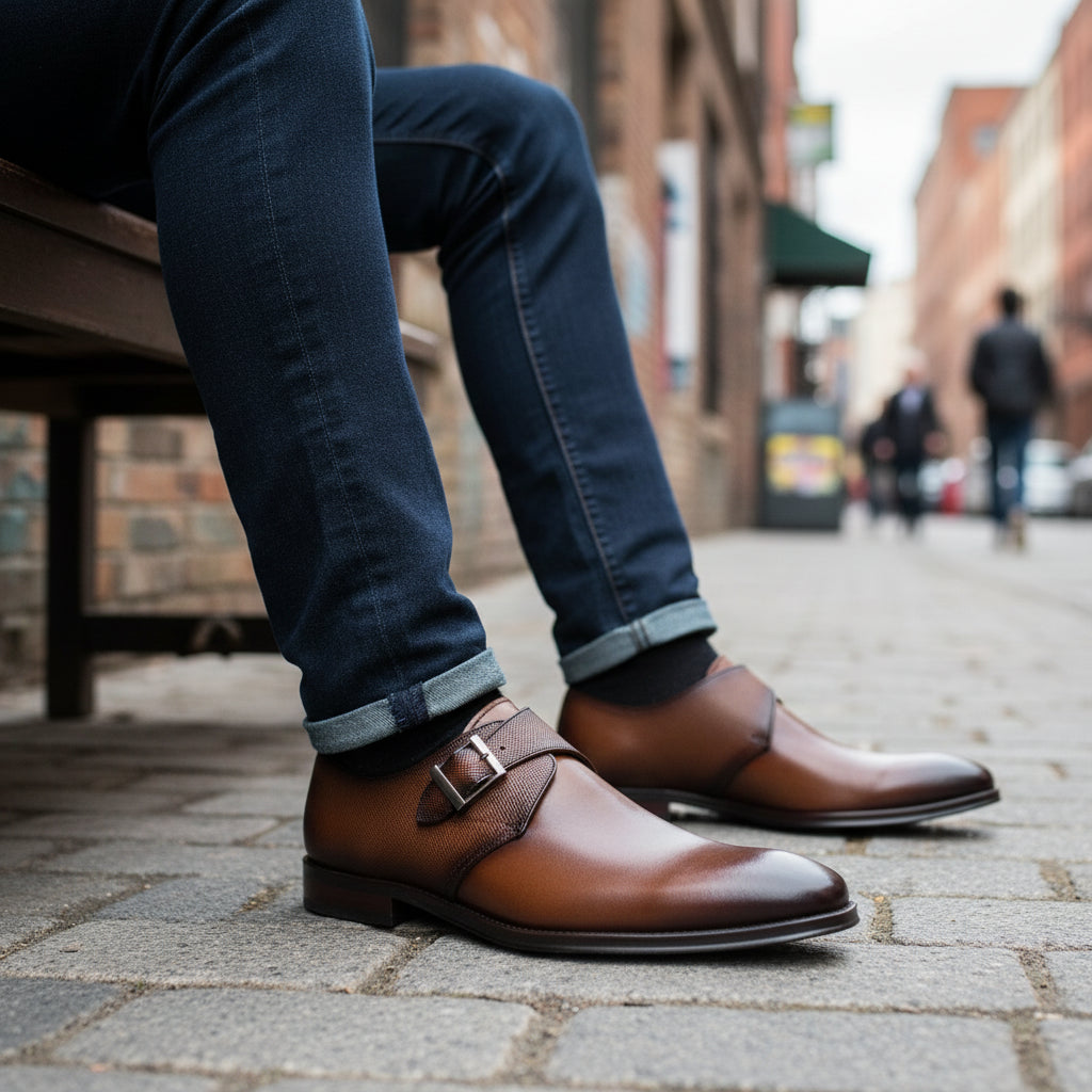 model-siting - Men's Cow Leather Monk-Strap Dress Shoes