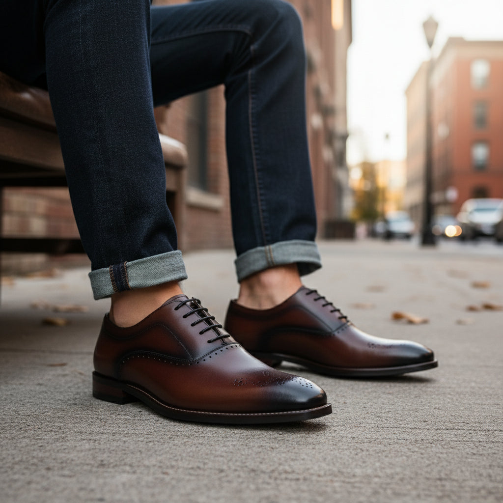 model-siting - Men's Cow Leather Oxford Dress Shoes