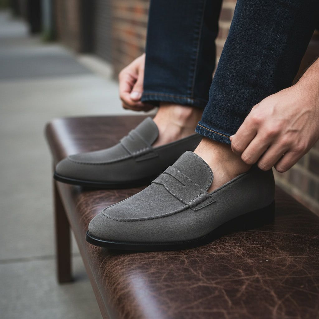 model-siting - Men's Cow Leather Suede Penny Loafers