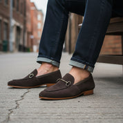 model-siting - Men's Cow Leather Suede Tassel Moccasins