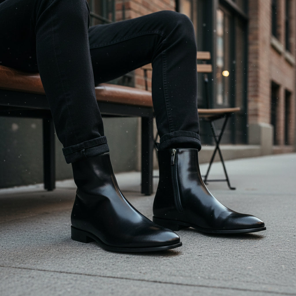 model-siting - Men's Cow Leather Waterproof Zipper Boots