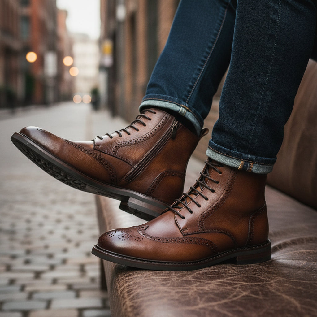 model-siting - Men's Cow Leather Wingtip Boots