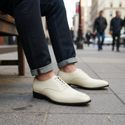 model-siting - Men's Cream Brogue Dress Shoes in Genuine Calf Leather