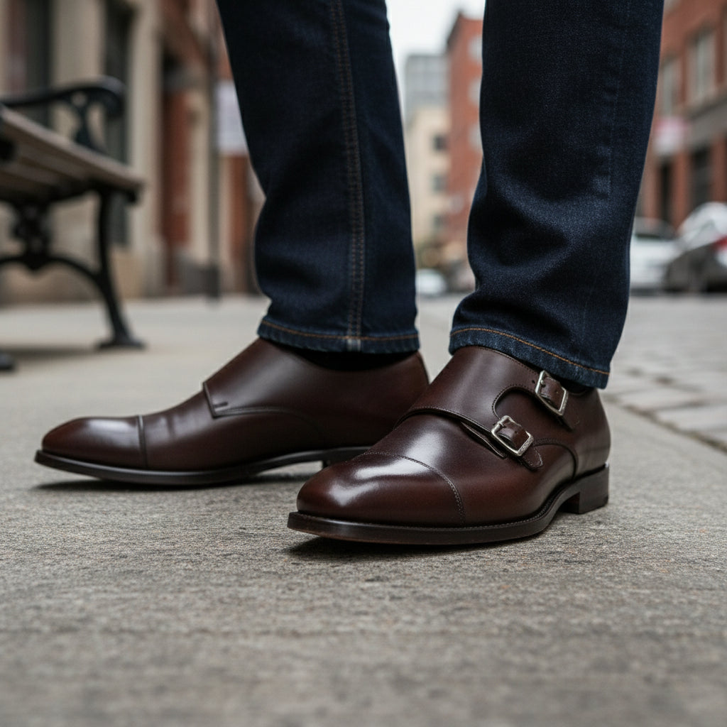 model-siting - Men's Dark Brown Double Monk Strap Leather Formal Shoes
