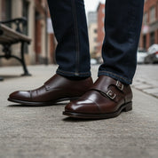 model-siting - Men's Dark Brown Double Monk Strap Leather Formal Shoes