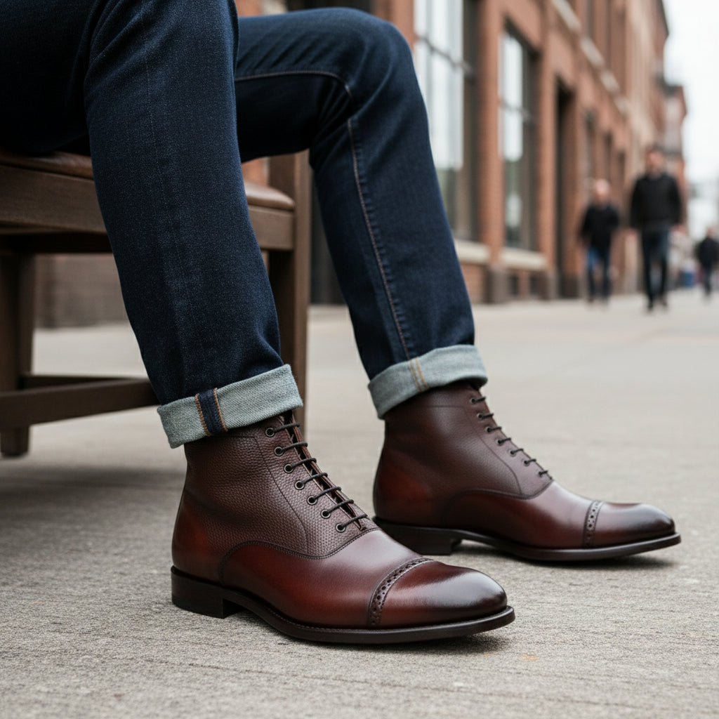 model-siting - Men's Dark Brown Leather Cap Toe Ankle Boots