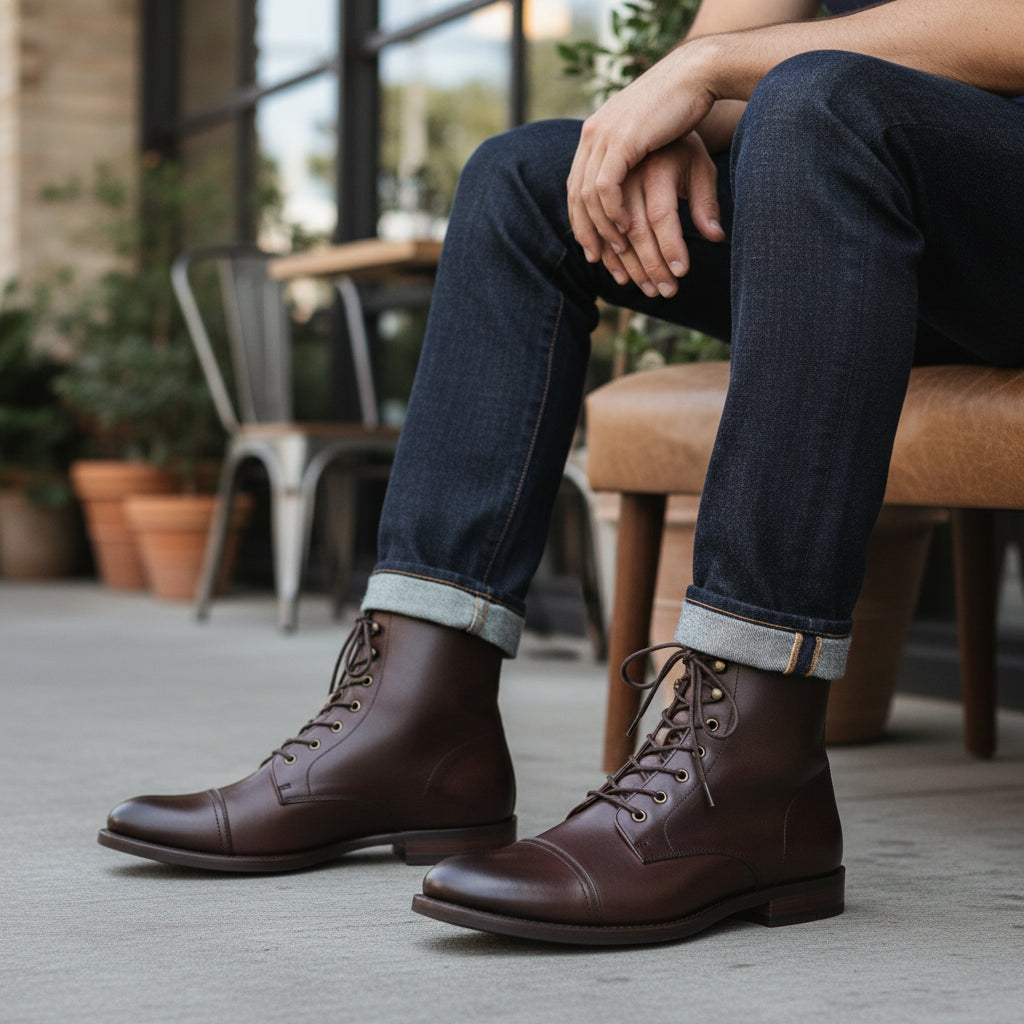 model-siting - Men's Dark Brown Leather Cap Toe Ankle Boots