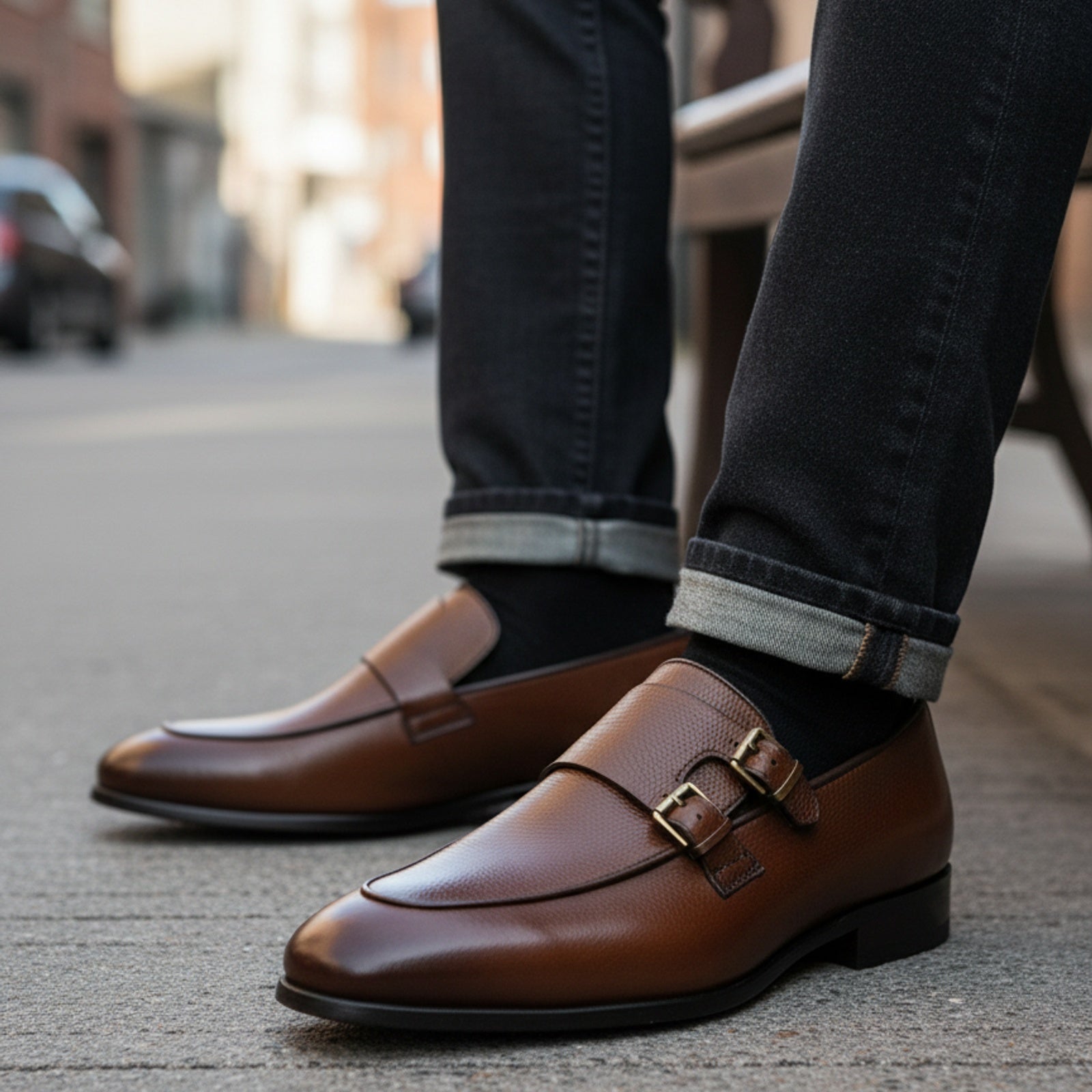 Men's Dark Brown Leather Moccasin Loafers - model-siting