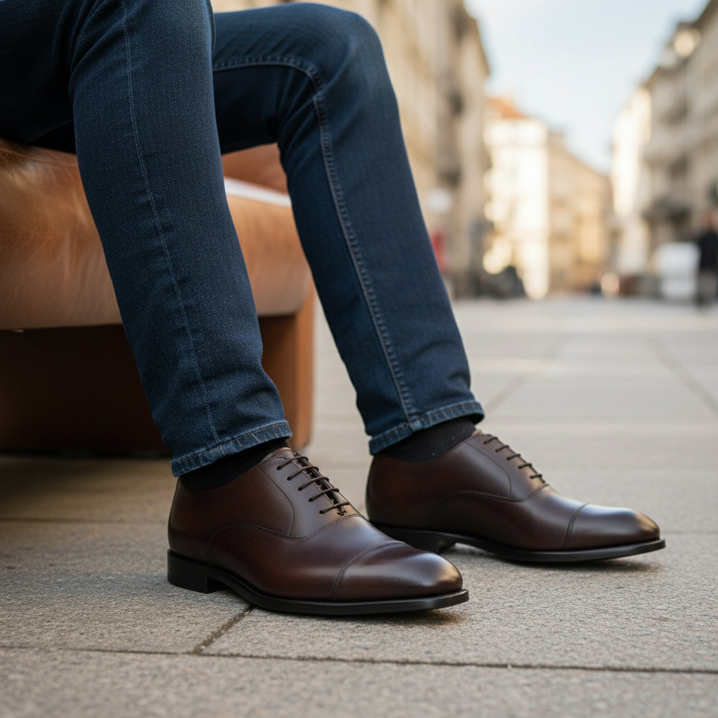 model-siting - Men's Dark Brown Leather Oxford Dress Shoes