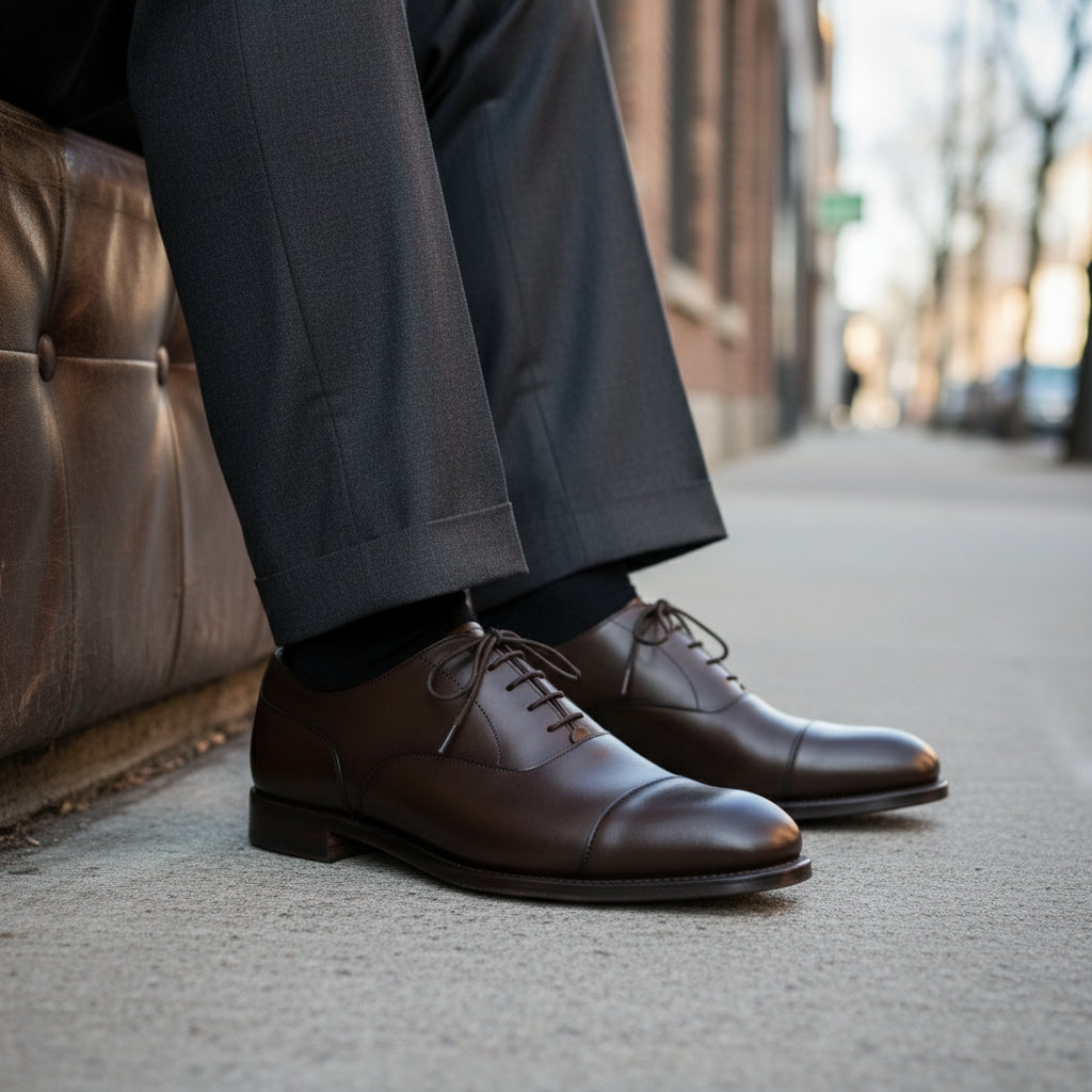 model-siting - Men's Dark Brown Leather Oxford Dress Shoes