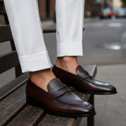 model-siting - Men's Dark Brown Leather Slip-On Moccasins