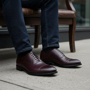 model-siting - Men's Dark Maroon Leather Oxford Dress Shoes