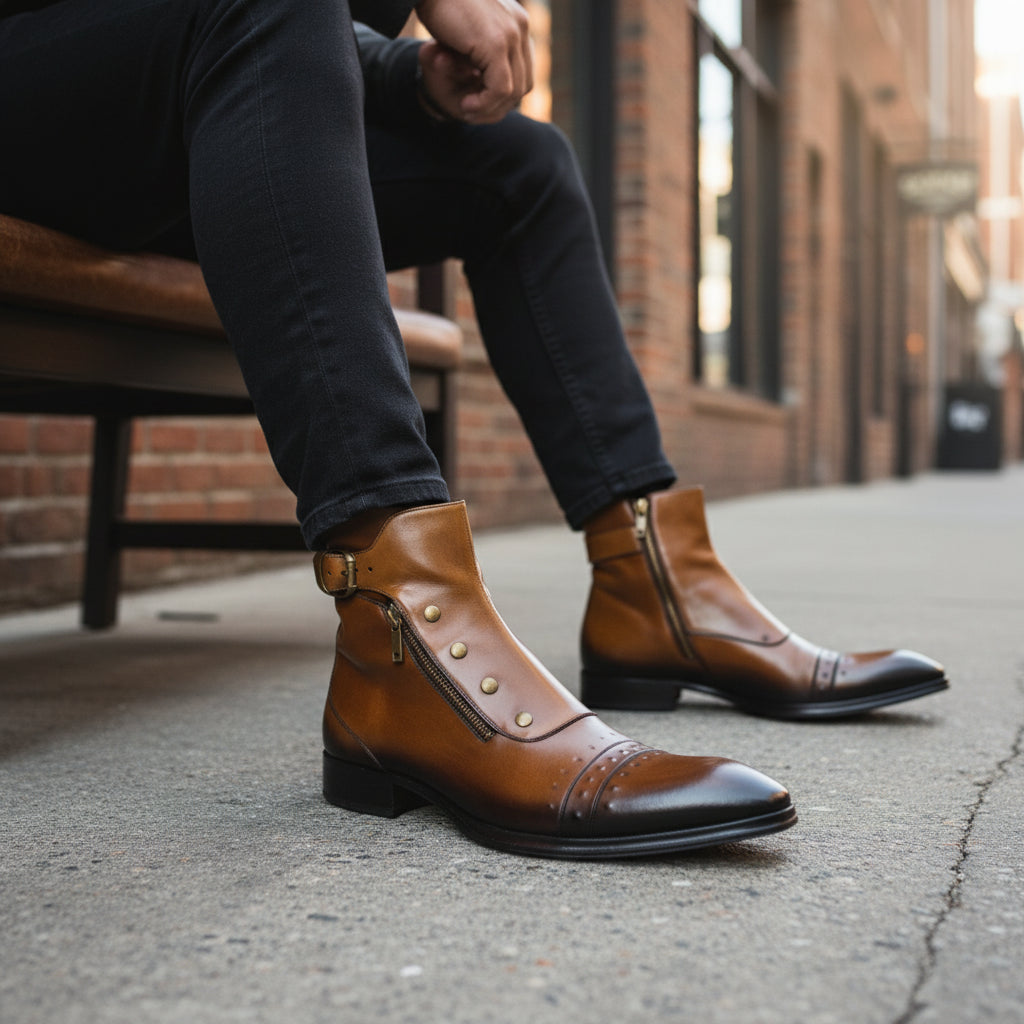 model-siting - Men's Dark Tan Leather High Ankle Strap Boots