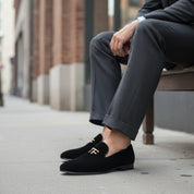 model-siting - Men's Embroidered Velvet Leather Slippers