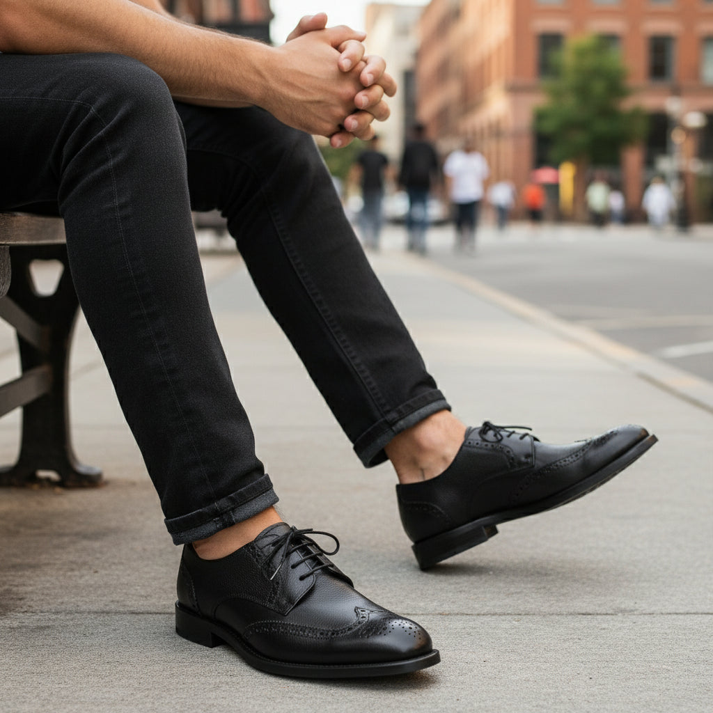 model-siting - Men's Full Grain Leather Brogue Dress Shoes
