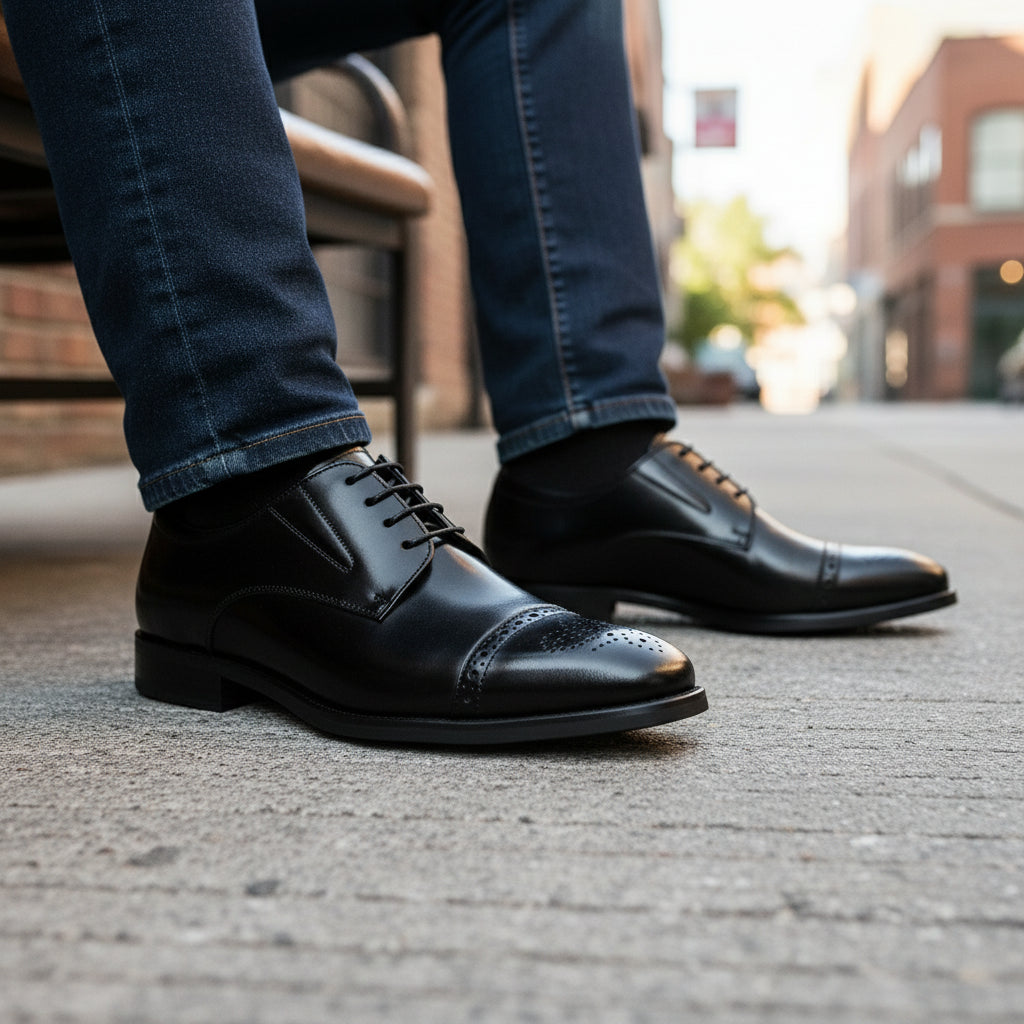 model-siting - Men's Full Grain Leather Brogue Dress Shoes