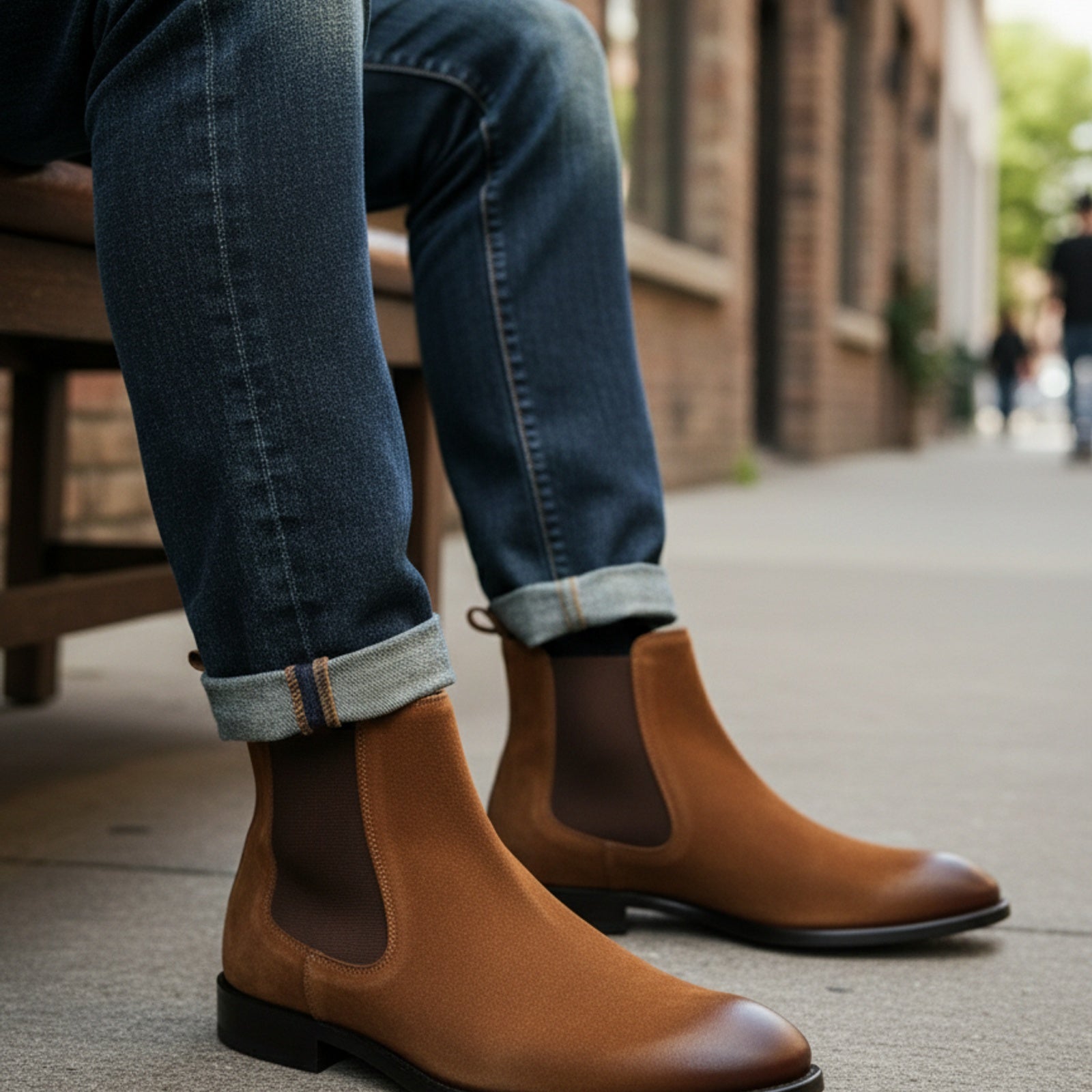 model-siting - Men's Full Grain Leather Casual Chelsea Boots