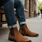 model-siting - Men's Full Grain Leather Casual Chelsea Boots