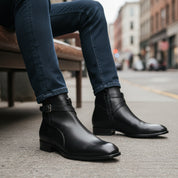 model-siting - Men's Full Grain Leather Classic Dress Boots