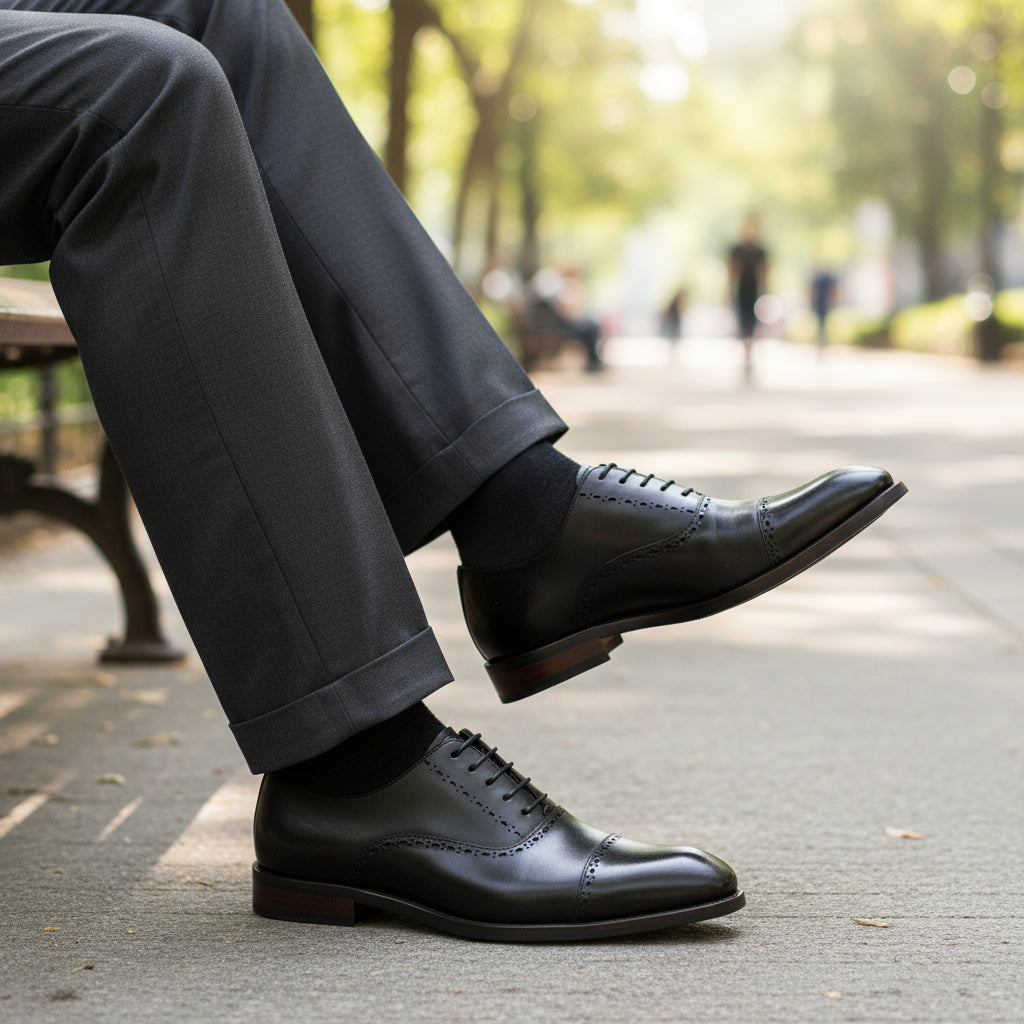 model-siting - Men's Full Grain Leather Oxford Dress Shoes