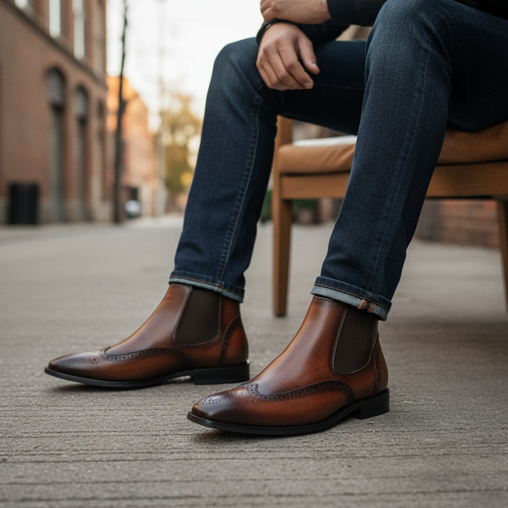 model-siting - Men's Full Grain Leather Wingtip Chelsea Boots