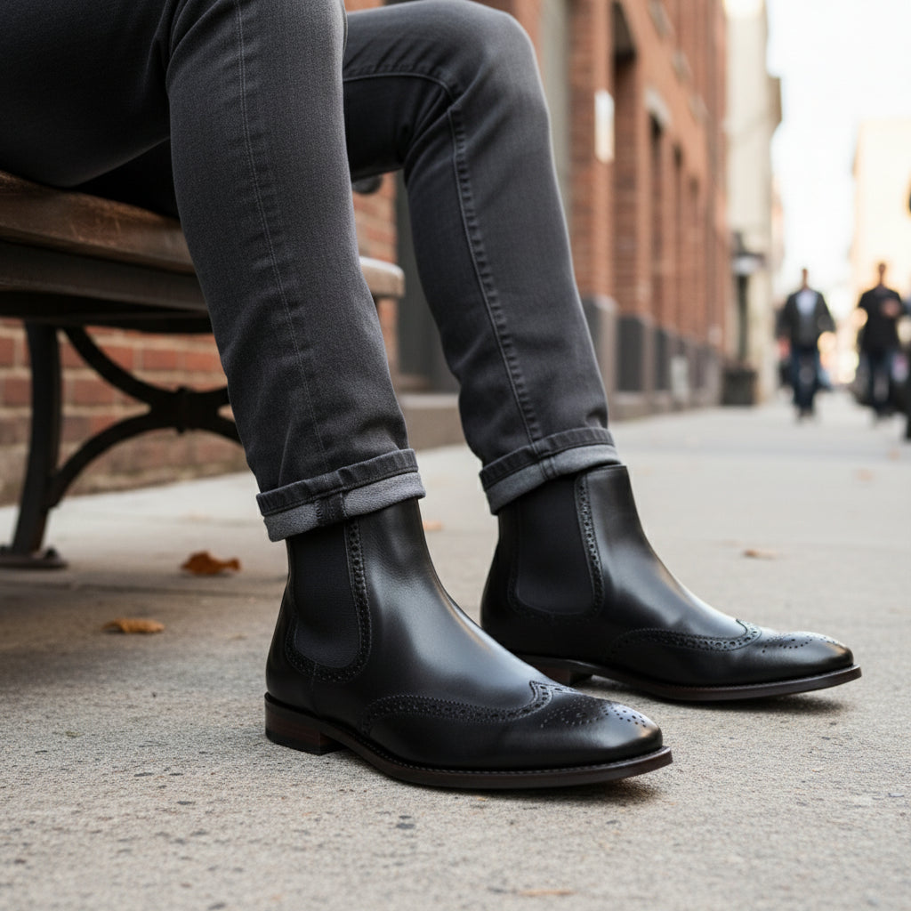 model-siting - Men's Full Grain Leather Wingtip Chelsea Boots