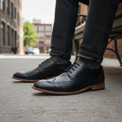 model-siting - Men's Full Grain Leather Wingtip Dress Shoes