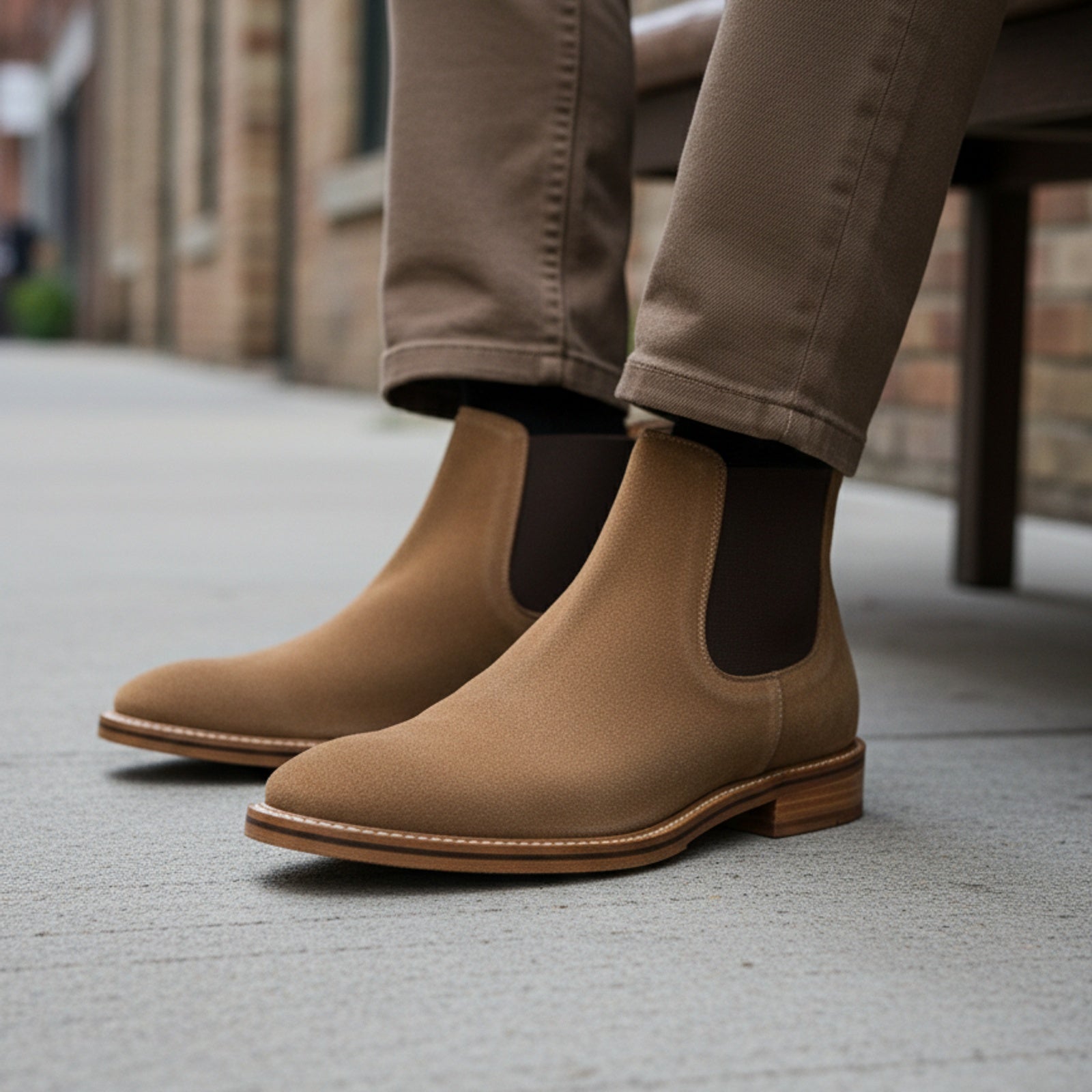 model-siting - Men's Full Grain Suede Chelsea Boots with Classic Design