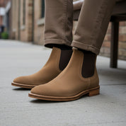 model-siting - Men's Full Grain Suede Chelsea Boots with Classic Design