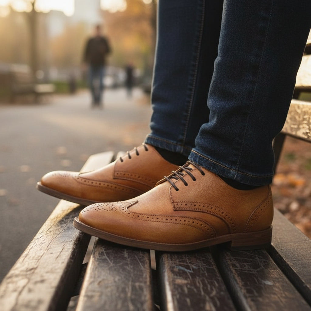 model-siting - Men's Genuine Leather Derby Shoes with Brogue Detailing