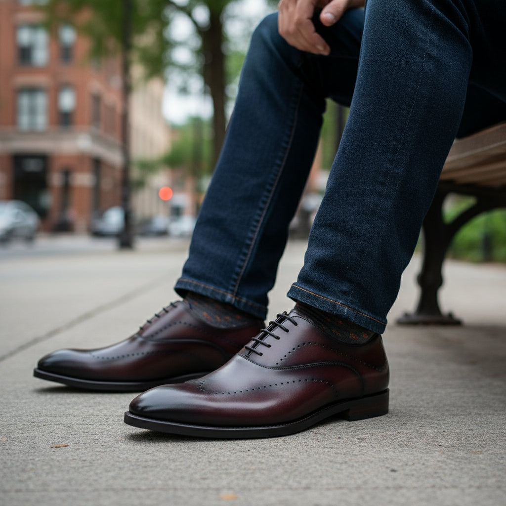 model-siting - Men's Genuine Leather Dress Shoes