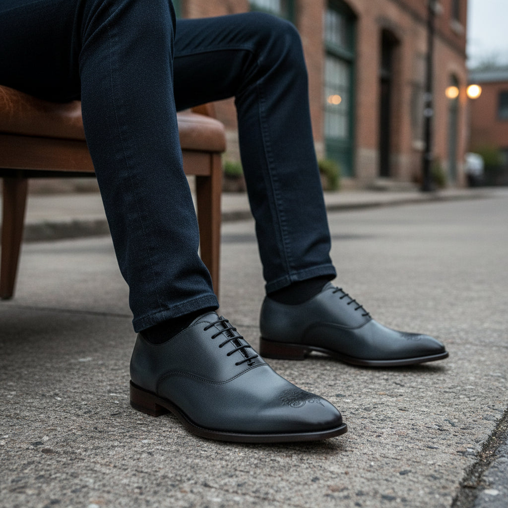 model-siting - Men's Genuine Leather Oxford Dress Shoes