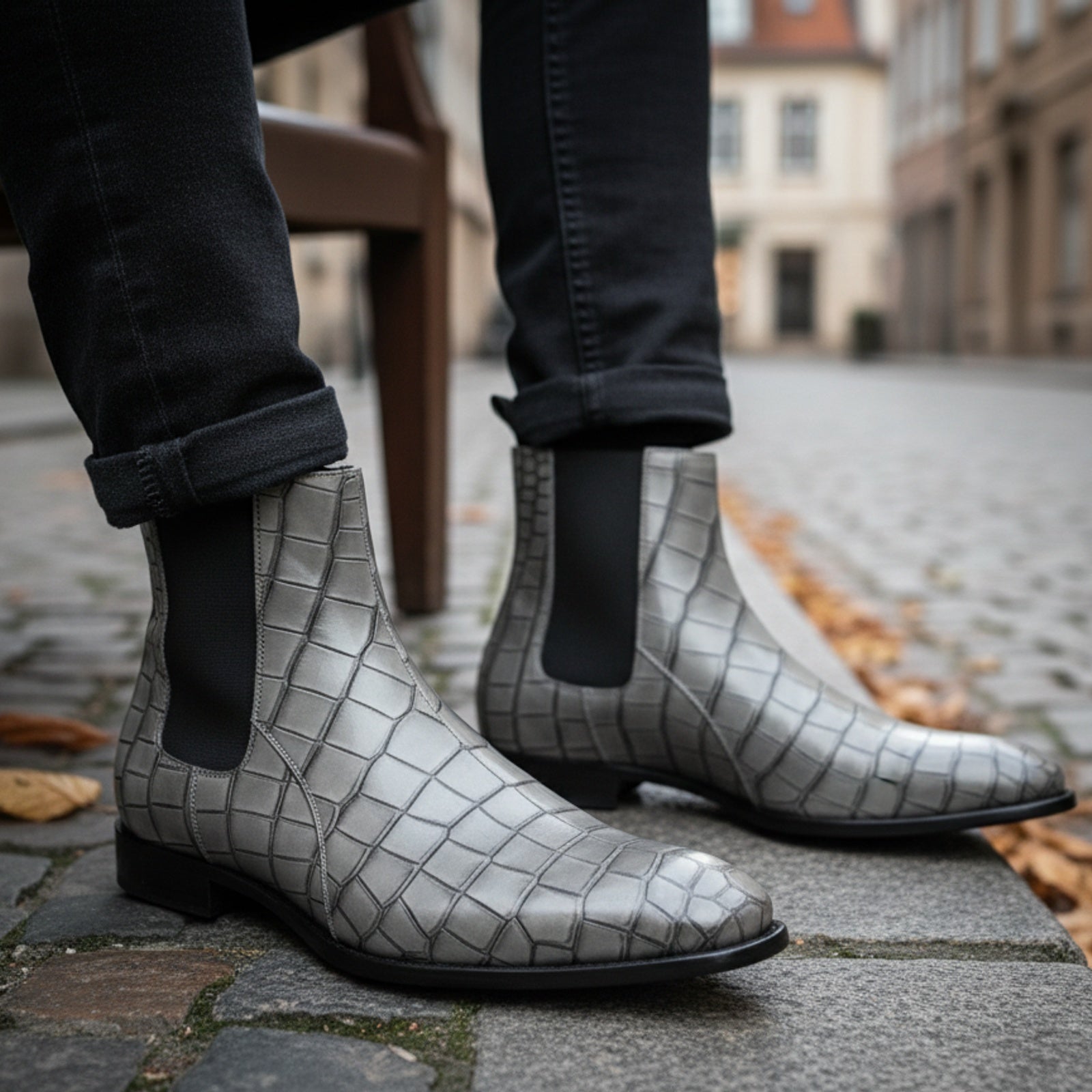 Men's Gray Crocodile Embossed Chelsea Leather Boots - model-siting