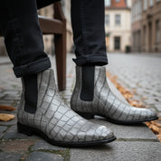 Men's Gray Crocodile Embossed Chelsea Leather Boots - model-siting