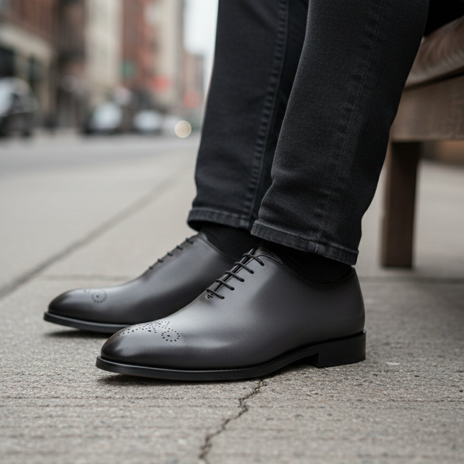 model-siting - Men's Gray Leather Whole Cut Oxford Dress Shoes