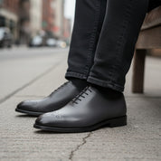model-siting - Men's Gray Leather Whole Cut Oxford Dress Shoes