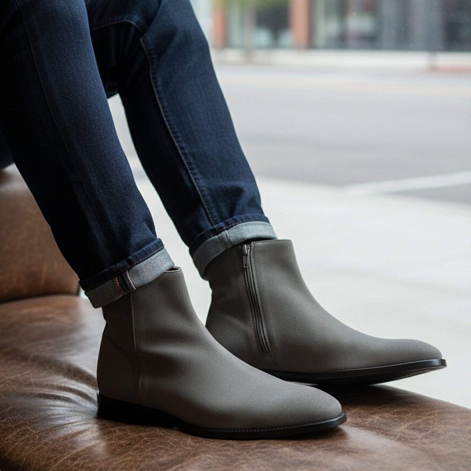 model-siting - Men's Gray Suede Ankle Boots