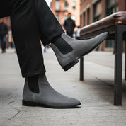 Men's Gray Suede Chelsea Boots - model-siting