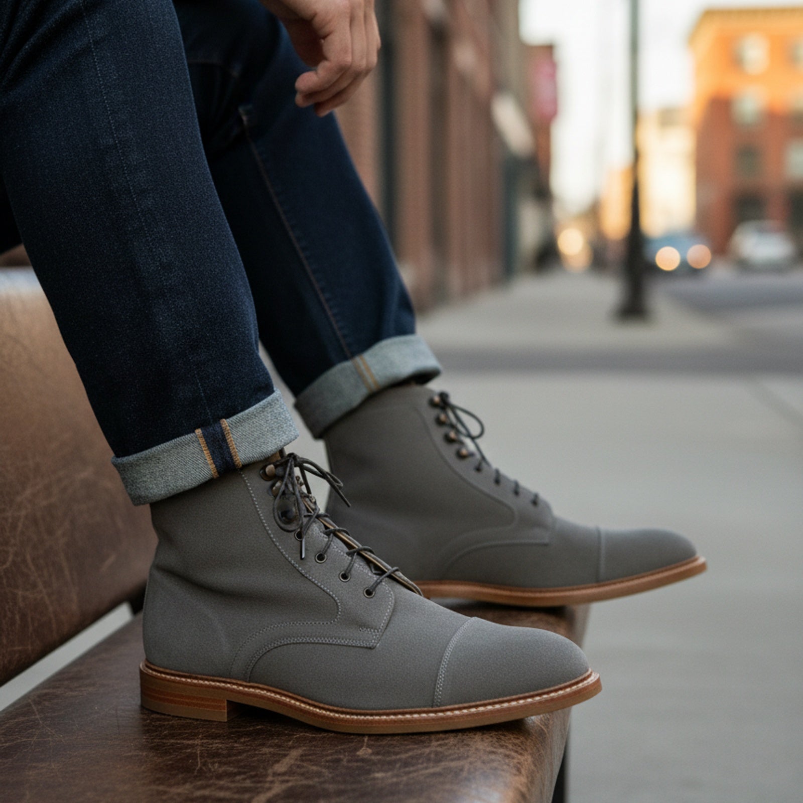 Men's Gray Suede Lace-Up Dress Boots - model-siting