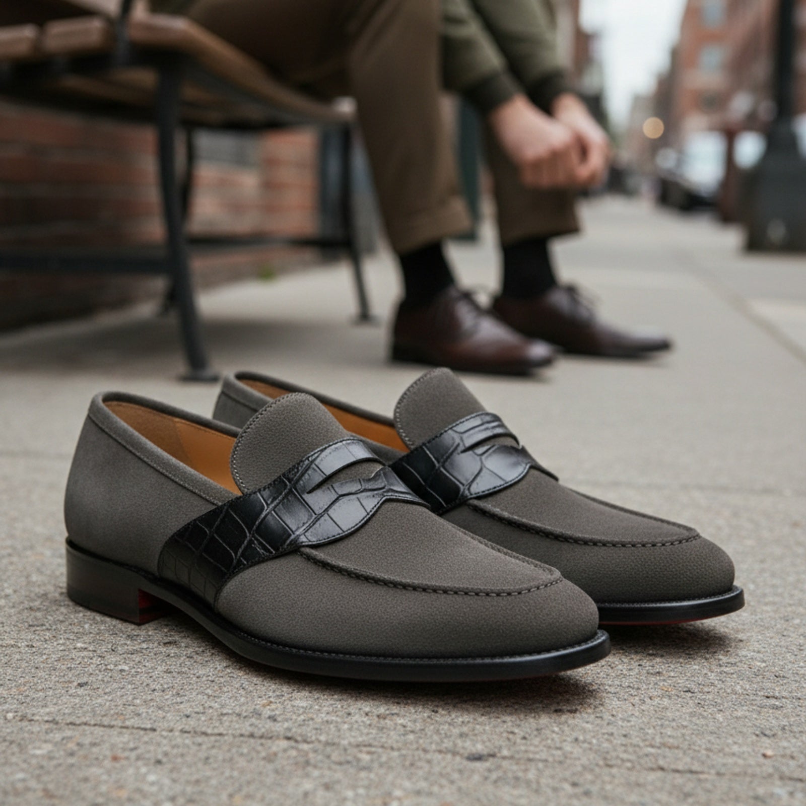 model-siting - Men's Gray Suede Moccasin Loafers